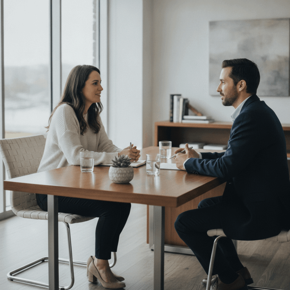 Séance de conseil en évolution professionnelle entre conseiller et bénéficiaire dans un bureau accueillant