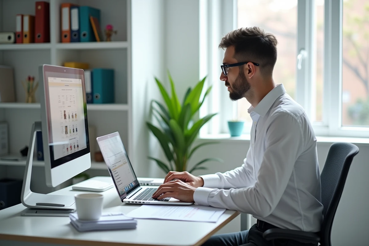 Administrateur scolaire utilisant un logiciel de gestion des dossiers élèves sur ordinateur portable