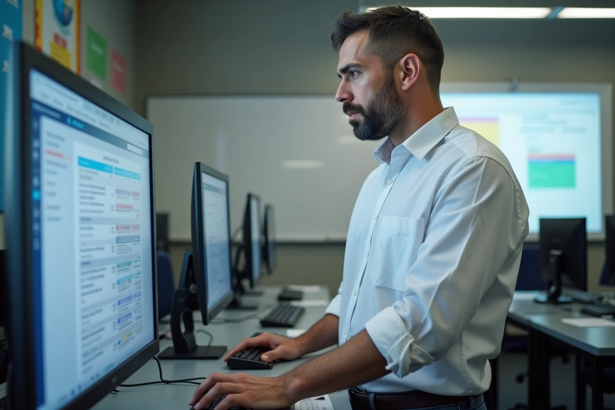 Administrateur scolaire consultant une plateforme de gestion pédagogique en ligne dans une salle informatique