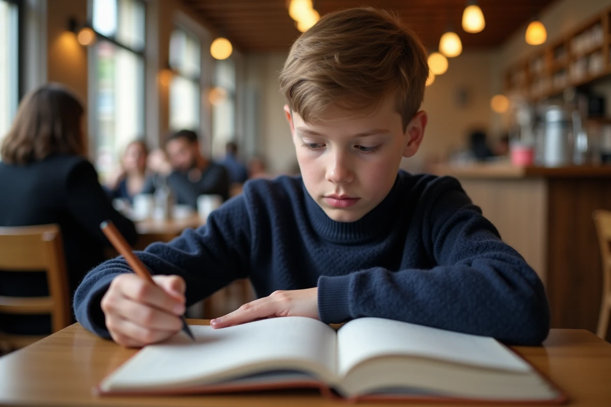 Adolescent étudiant en café en train d