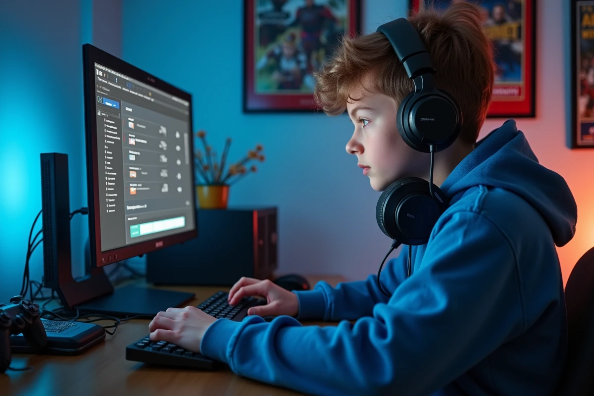 Adolescent réglant les paramètres d'un piano gratuit en ligne sur PC avec casque audio posé autour du cou