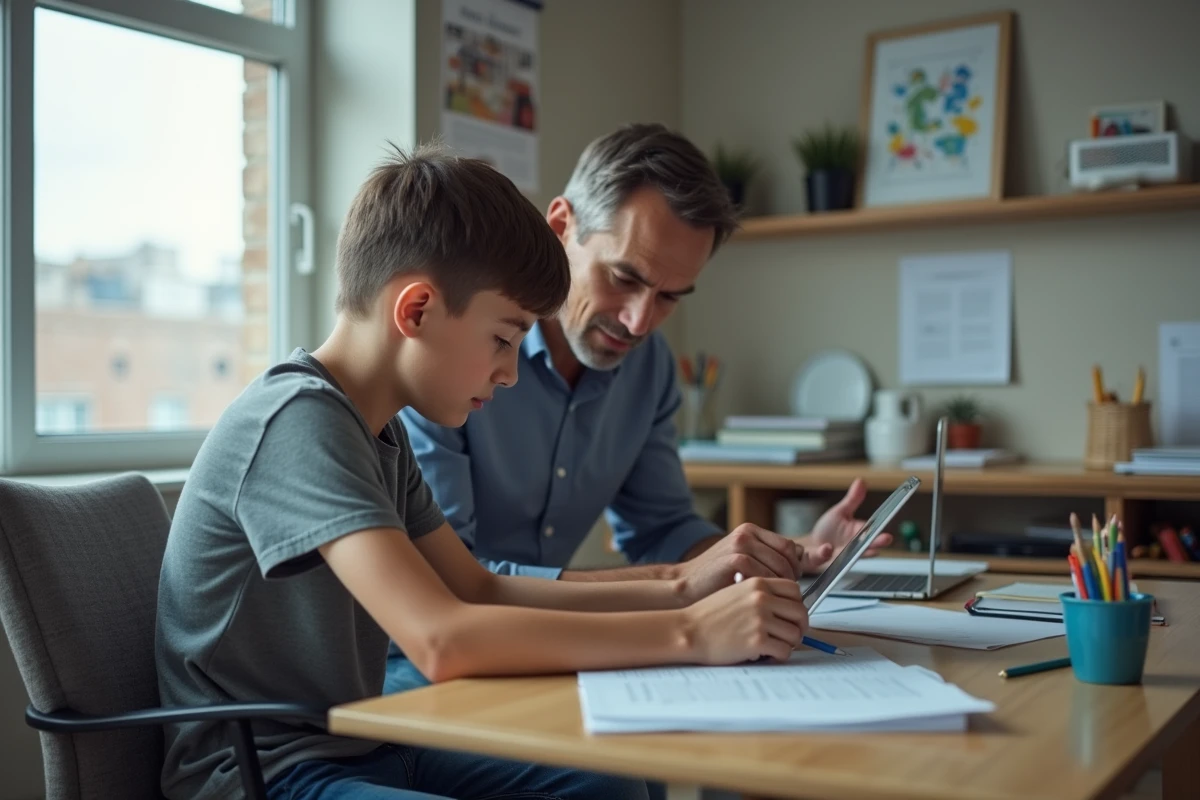 Adolescent travaillant sur une tablette avec son père