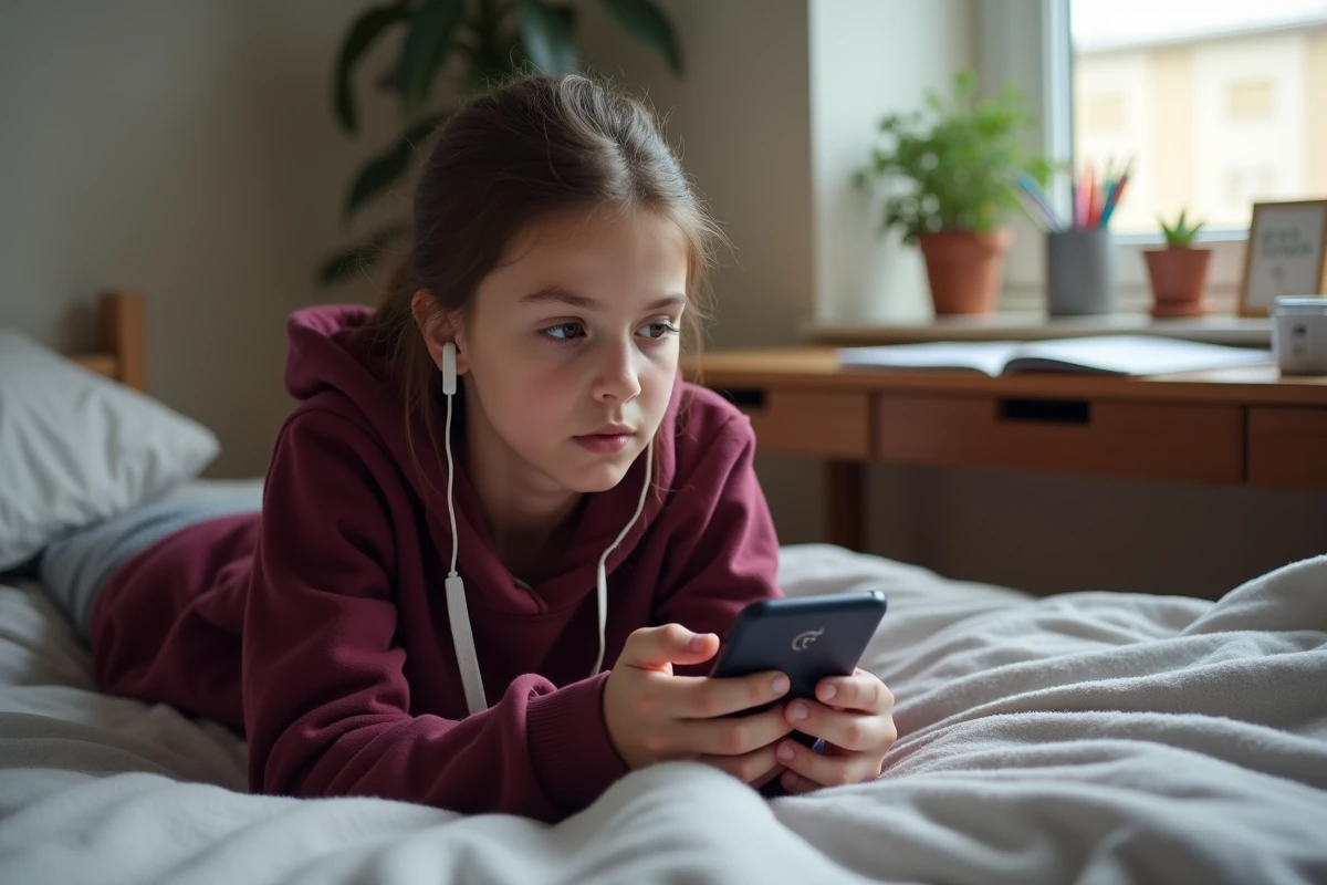 Adolescente utilisant une application d'apprentissage mobile sur smartphone depuis sa chambre, formation sans ordinateur