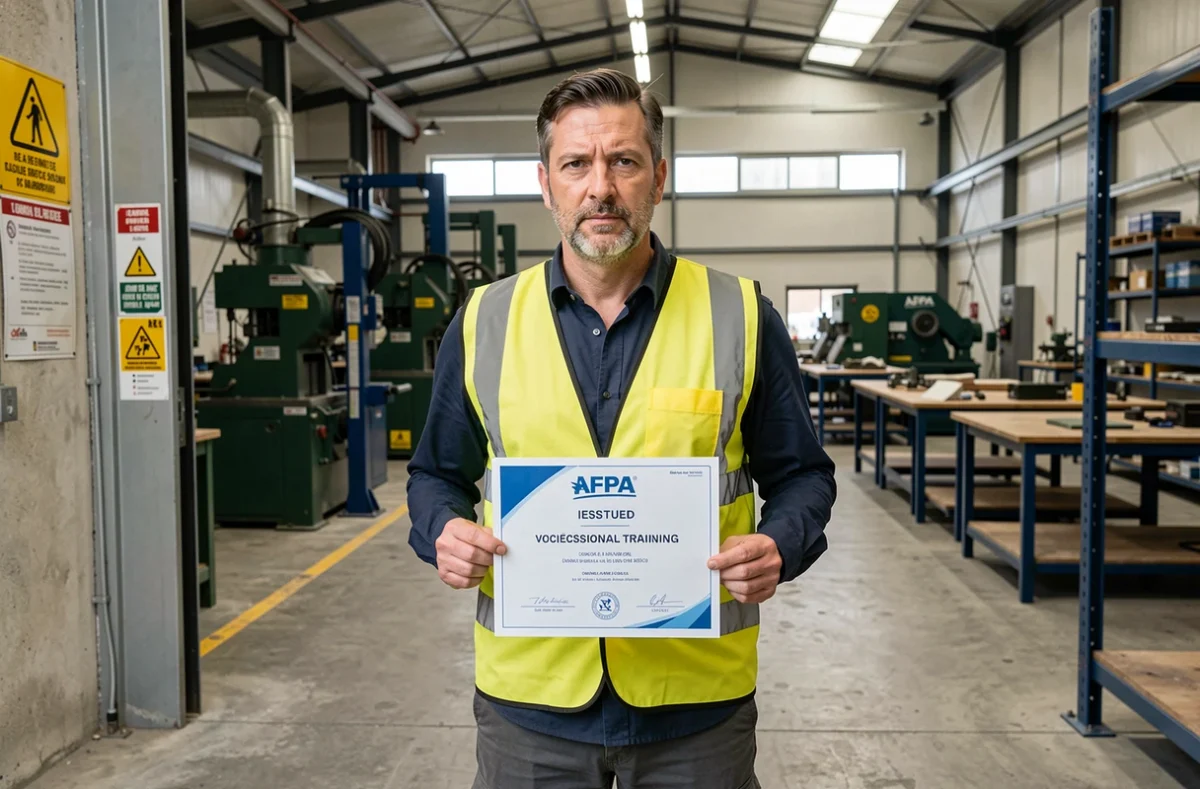 Adulte en reconversion professionnelle tenant une certification à l'entrée d'un atelier de formation de l'AFPA PACA