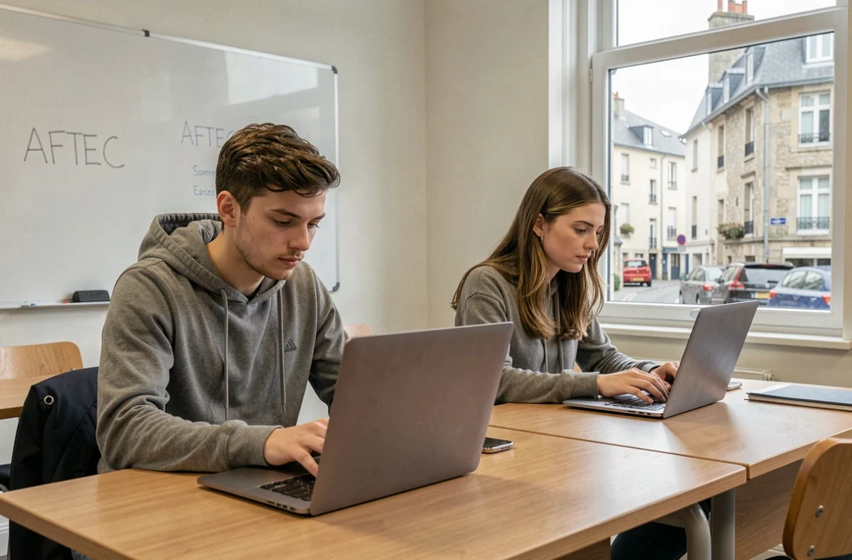 Deux alternants travaillant sur leurs ordinateurs dans une salle de cours de l'AFTEC Formation à Rennes ou Vannes