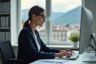 Agente académique de la PIA Grenoble consultant des documents administratifs dans un bureau officiel