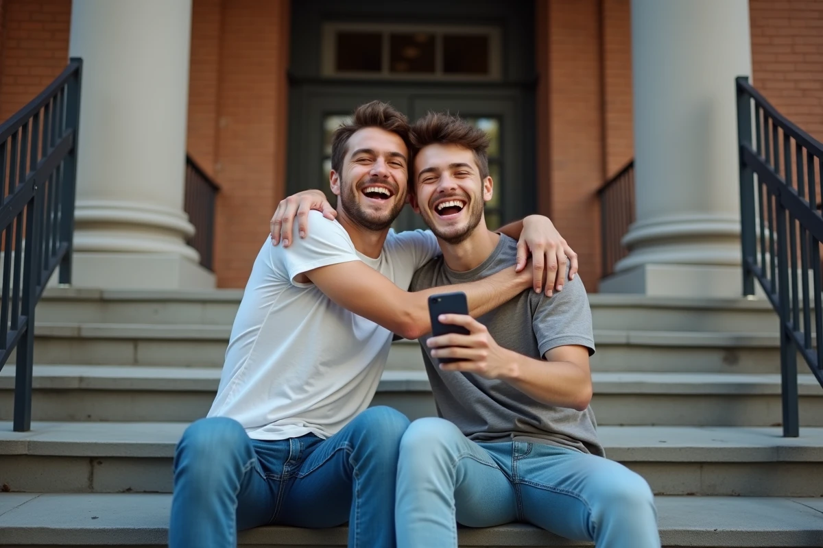 Deux amis lycéens célébrant le bac avec un SMS de félicitations devant leur établissement scolaire