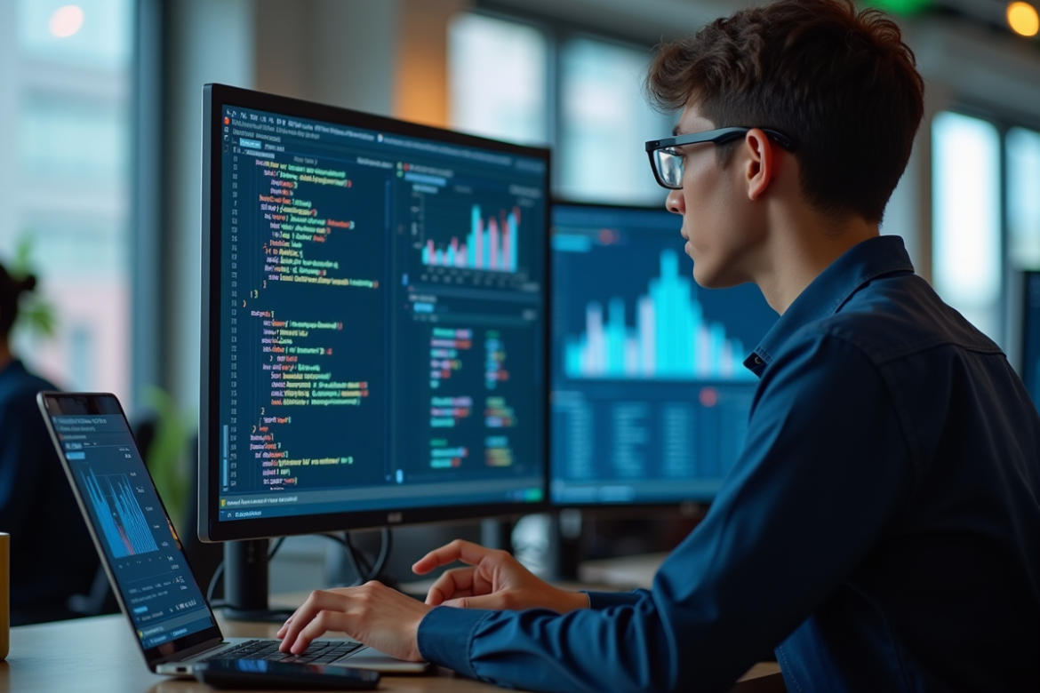 Jeune professionnel analysant du code sur un grand écran dans un bureau moderne