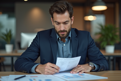 Analyste financier en costume regardant un rapport