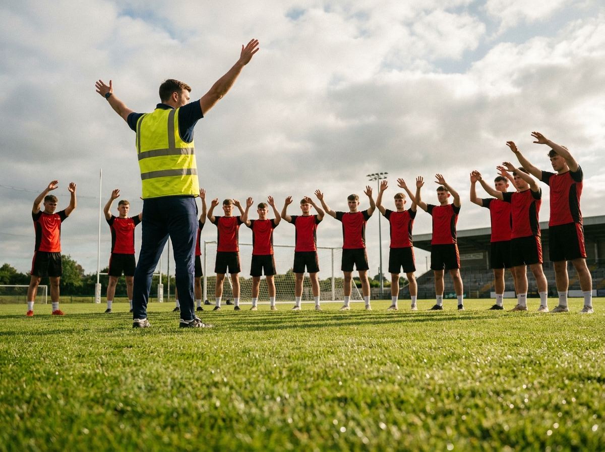Animateur sportif dirigeant un échauffement sur un terrain de football en plein air