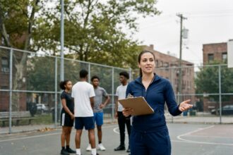 Animatrice sportive encadrant un groupe de jeunes sur un terrain de basketball en plein air