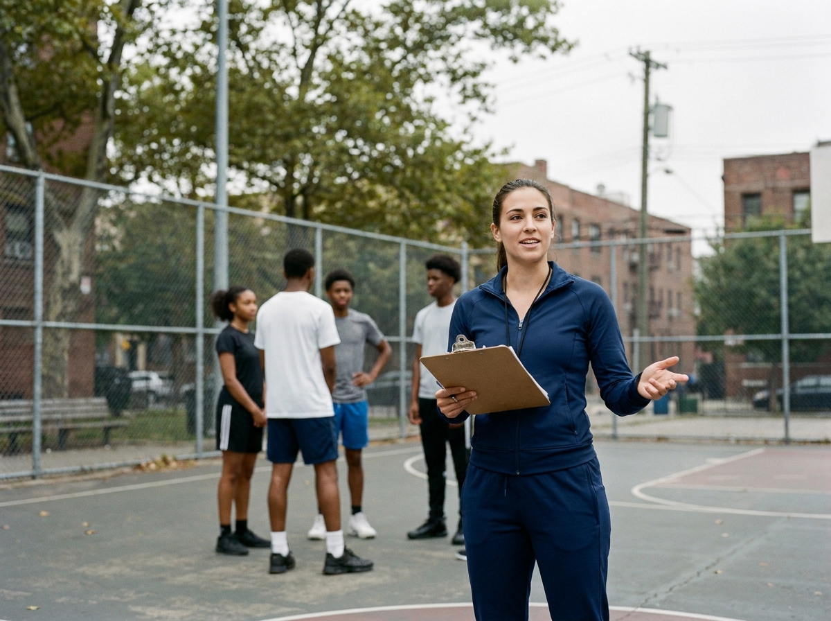 Animatrice sportive encadrant un groupe de jeunes sur un terrain de basketball en plein air
