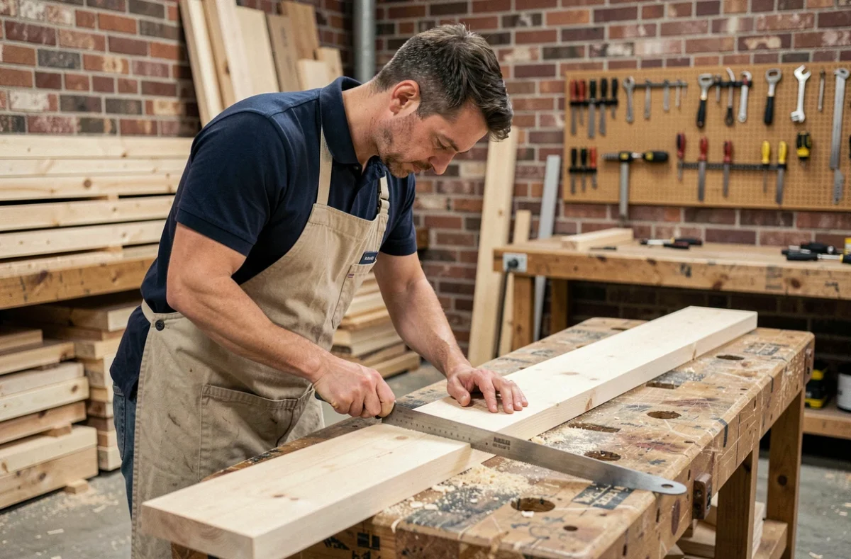 Apprenti menuisier mesurant une planche en bois dans un atelier de formation professionnelle