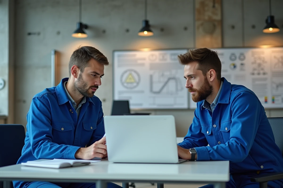 Deux apprentis électriciens comparant supports papier et formation numérique en ligne pour l'habilitation électrique