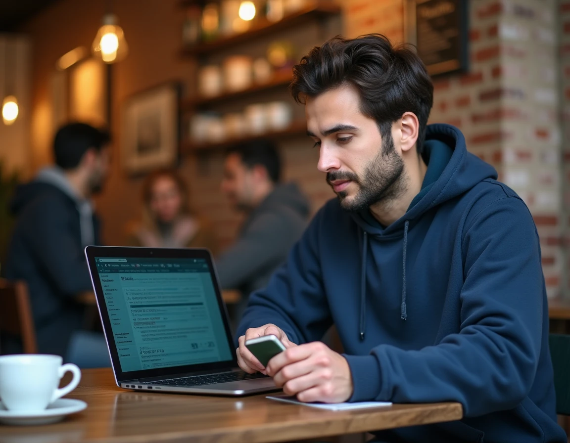 Homme apprenant l'arabe littéraire dans un café avec un ordinateur portable et un dictionnaire avant un voyage