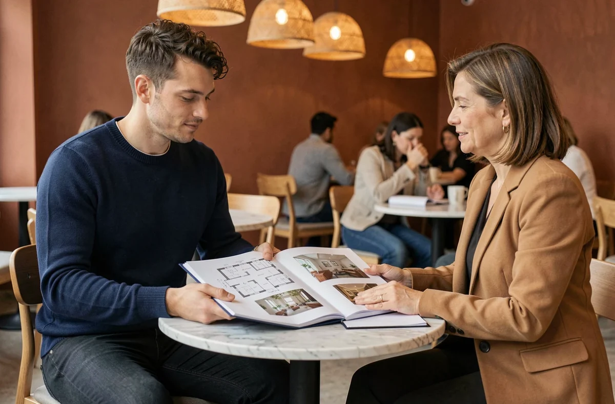 Jeune architecte d'intérieur présentant son portfolio à un premier client potentiel dans un café au design élégant