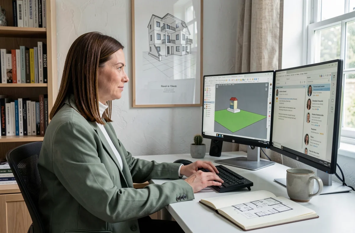 Architecte d'intérieure indépendante travaillant sur un logiciel de rendu 3D pour trouver ses premiers clients depuis son bureau à domicile