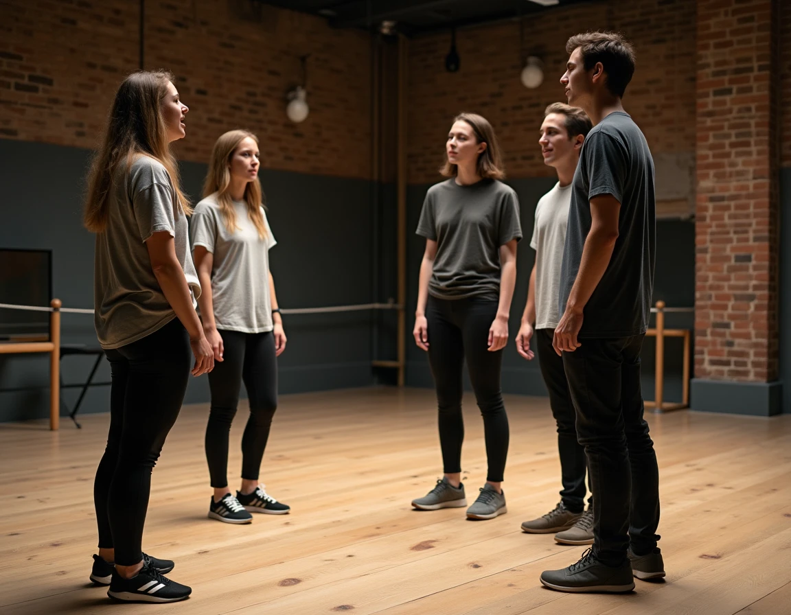 Groupe d'étudiants en atelier de jeu théâtral dans une salle de répétition du Cours Florent