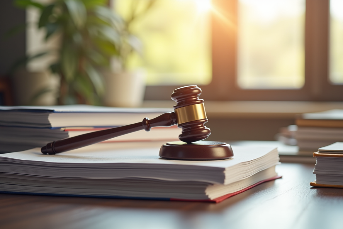 Un marteau de juge en bois sur des documents juridiques lumineux