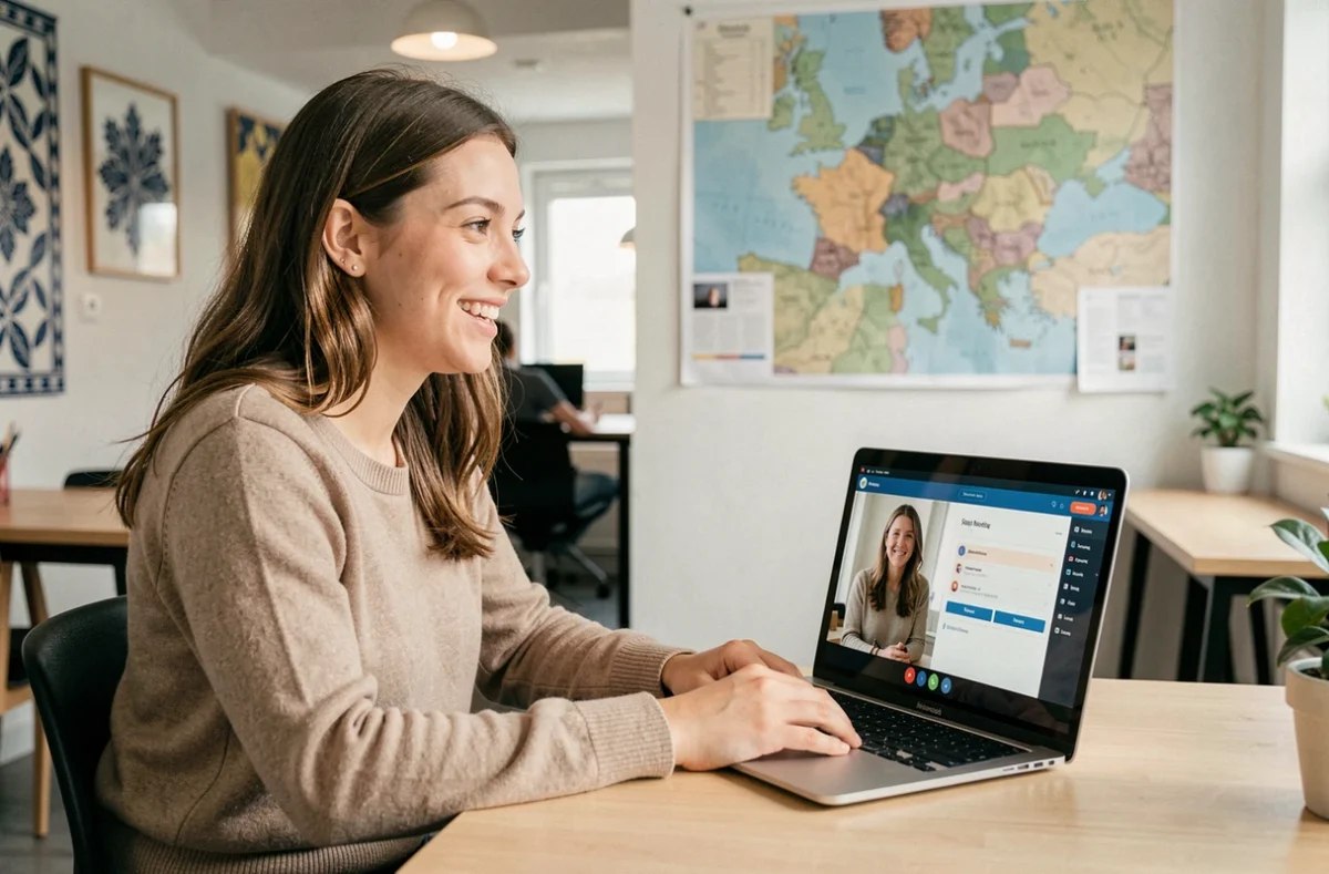Jeune alternante utilisant la plateforme régionale Bretagne Alternance pour trouver un employeur via visioconférence