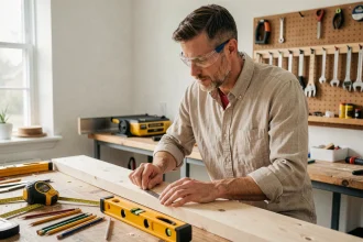 Homme bricoleur mesurant une planche en bois dans un atelier de bricolage à domicile bien équipé