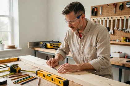 Homme bricoleur mesurant une planche en bois dans un atelier de bricolage à domicile bien équipé