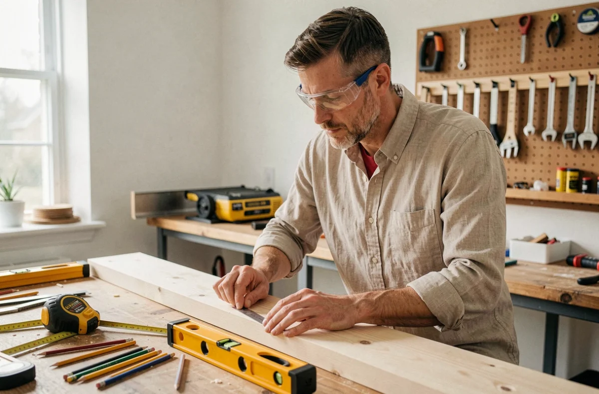 Homme bricoleur mesurant une planche en bois dans un atelier de bricolage à domicile bien équipé