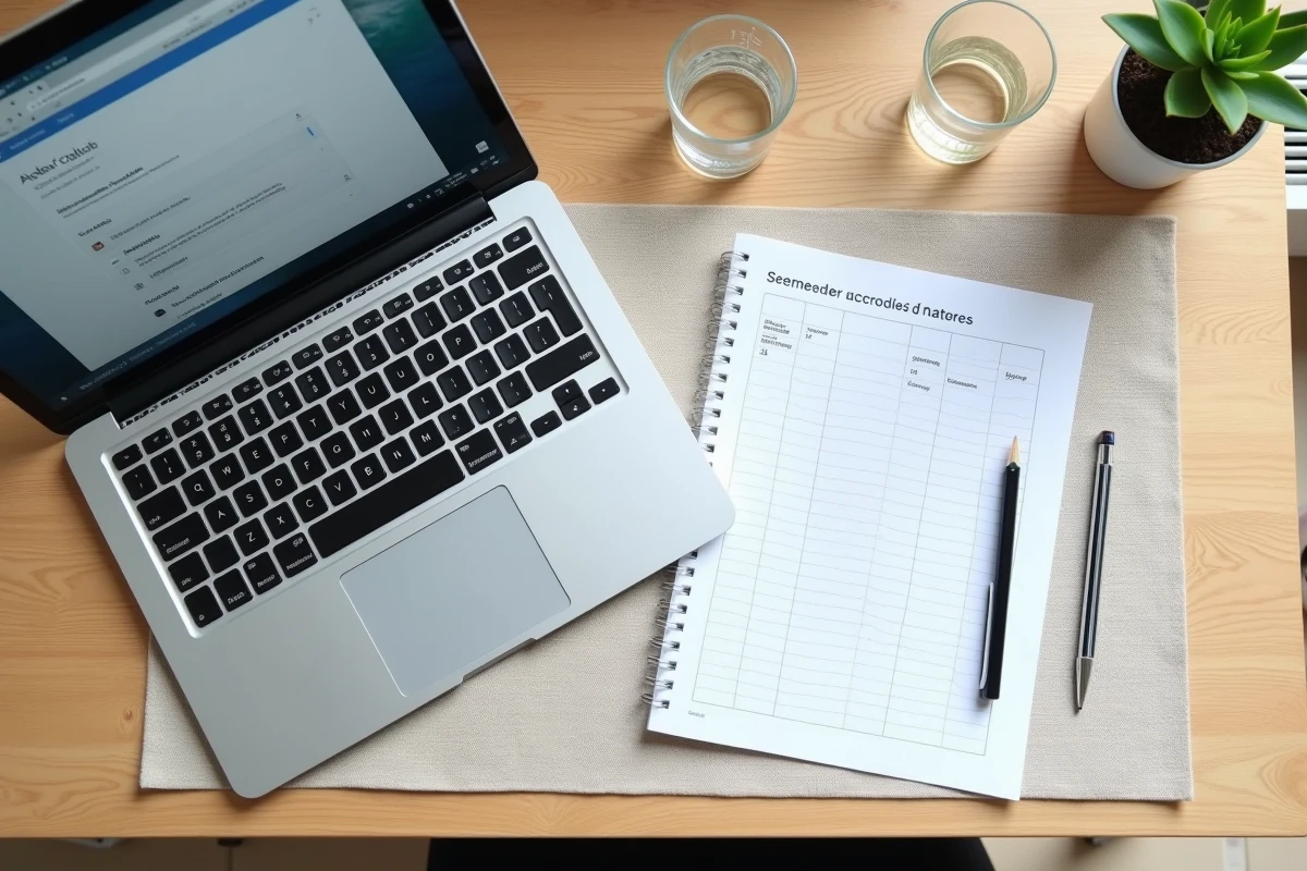 Vue de dessus d'un bureau étudiant avec ordinateur portable affichant la synchronisation de l'emploi du temps de l'université d'Angers vers Google Agenda et planning imprimé