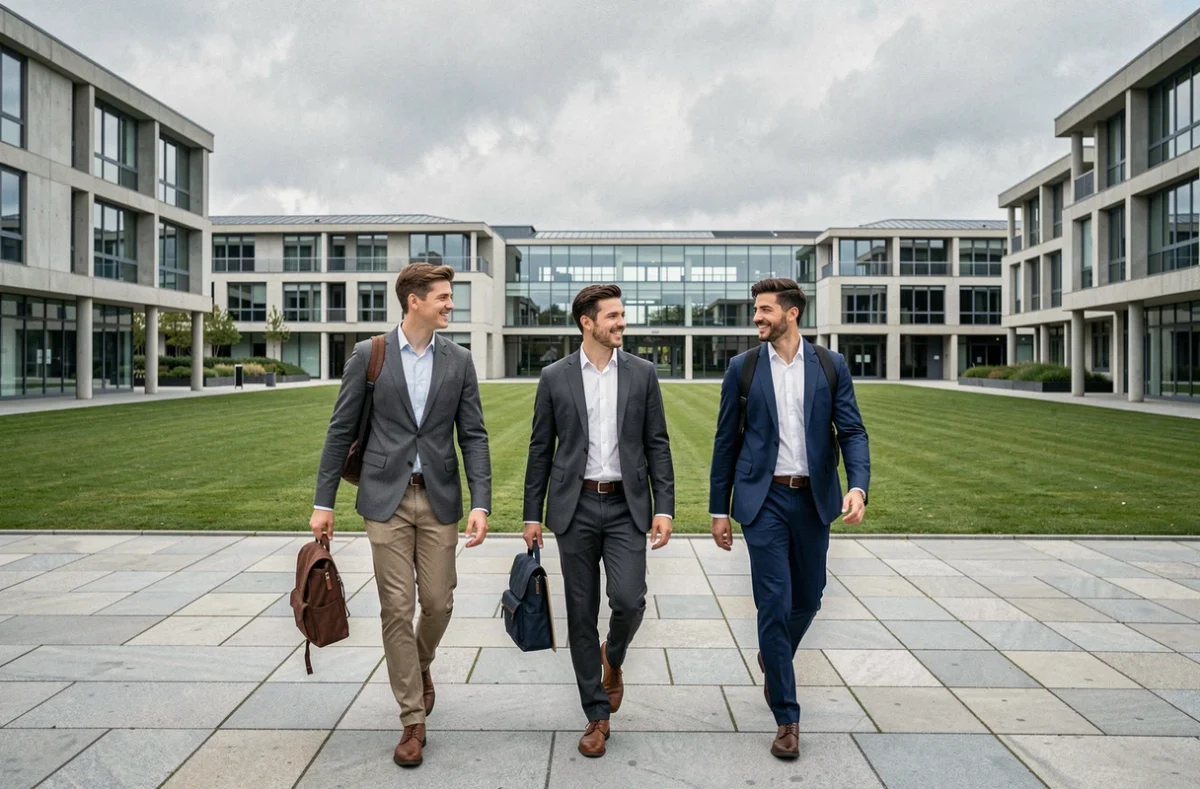 Trois alternants traversant le campus moderne de Ker Lann à Bruz près de Rennes