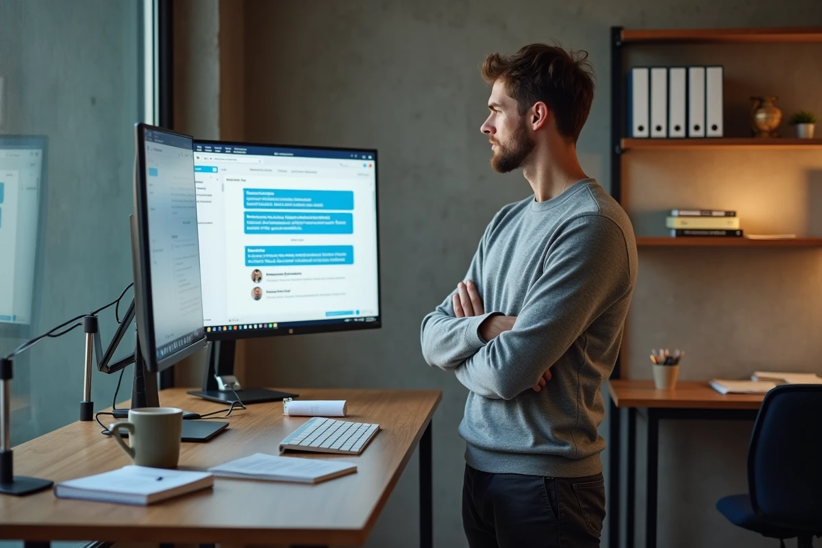Candidat au CRFPA utilisant une intelligence artificielle juridique dans un espace de coworking moderne avec une expression hésitante