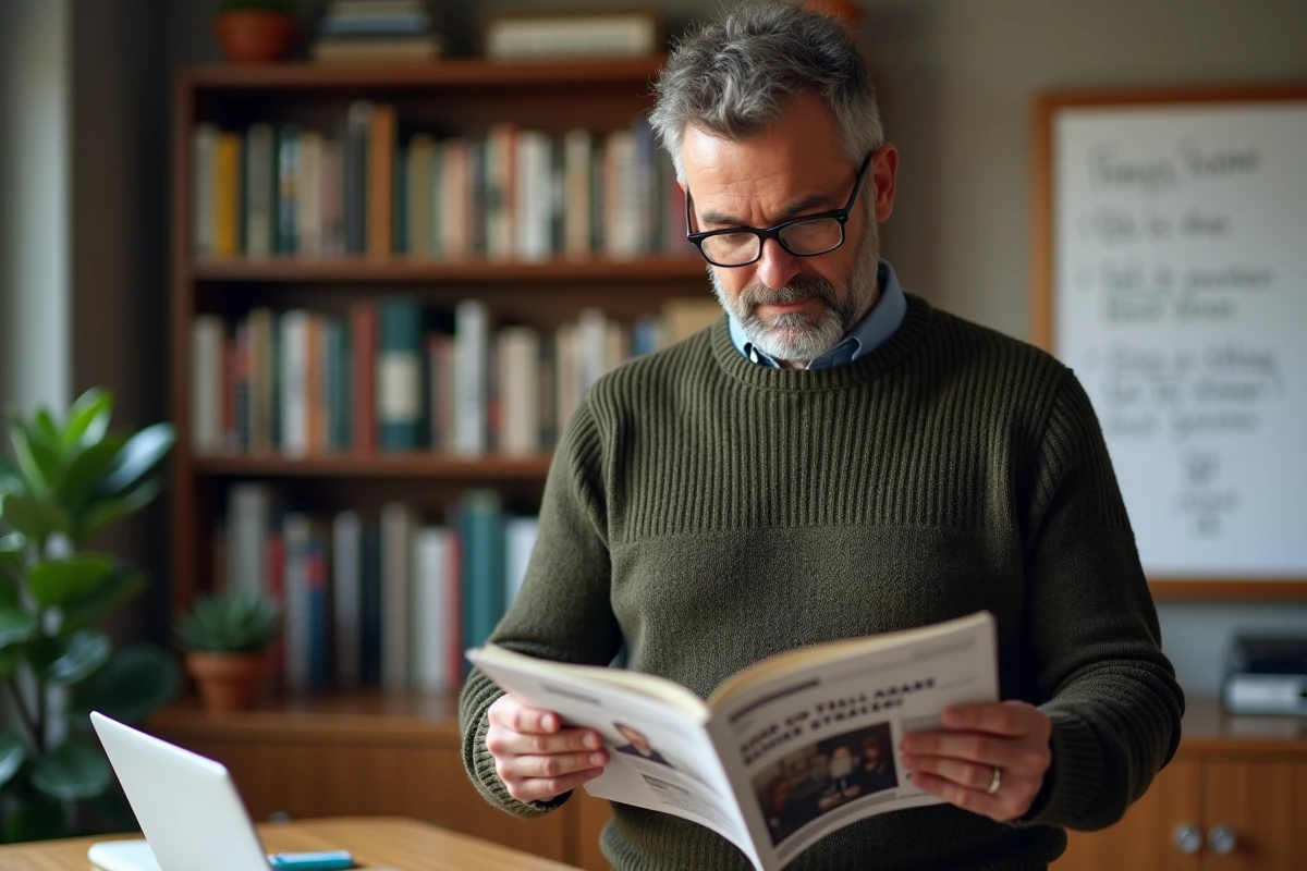 Chef d'entreprise expérimenté consultant un magazine spécialisé dans son bureau à domicile bien aménagé