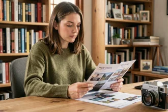 Femme étudiant des brochures de cours de photographie à son bureau à domicile, entourée de livres photo et d'appareils argentiques
