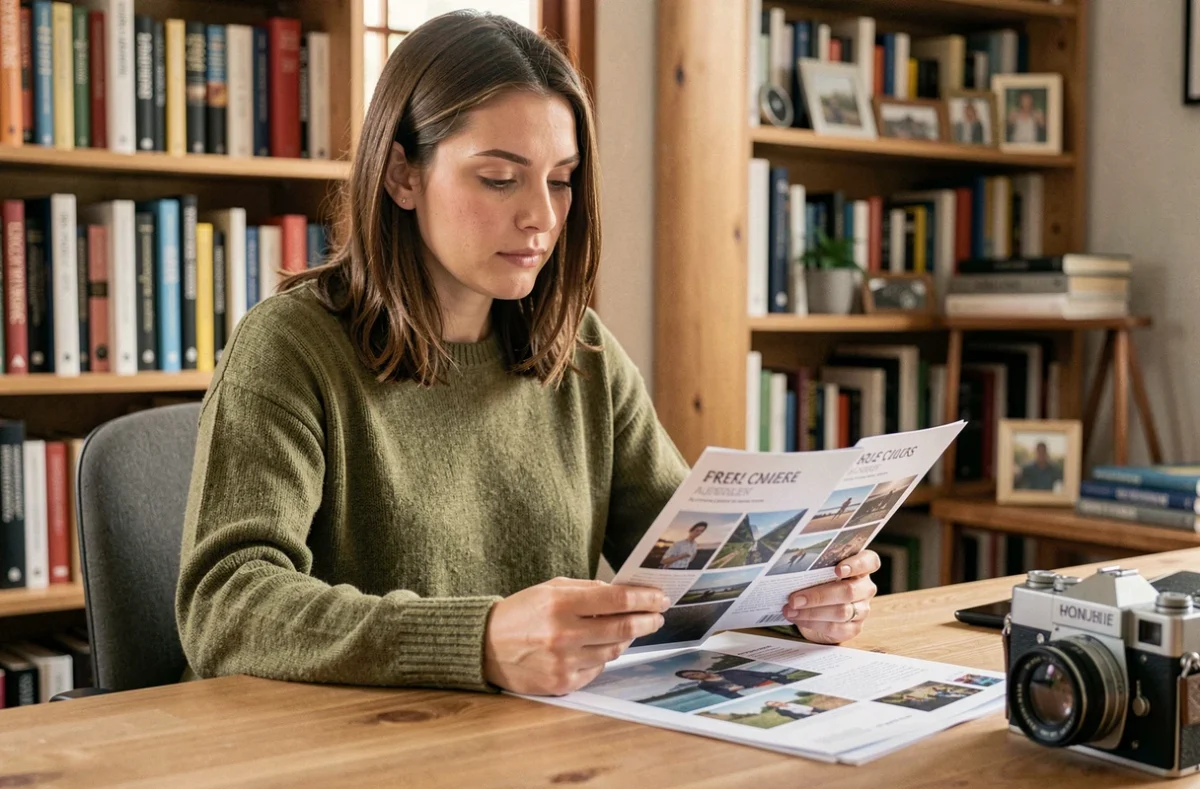 Femme étudiant des brochures de cours de photographie à son bureau à domicile, entourée de livres photo et d'appareils argentiques