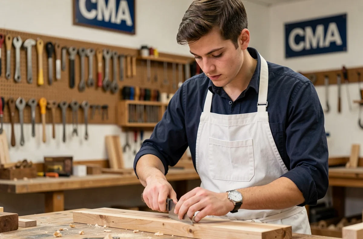 Apprenti artisan en tablier blanc travaillant le bois dans un atelier de la CMA Formation Bretagne