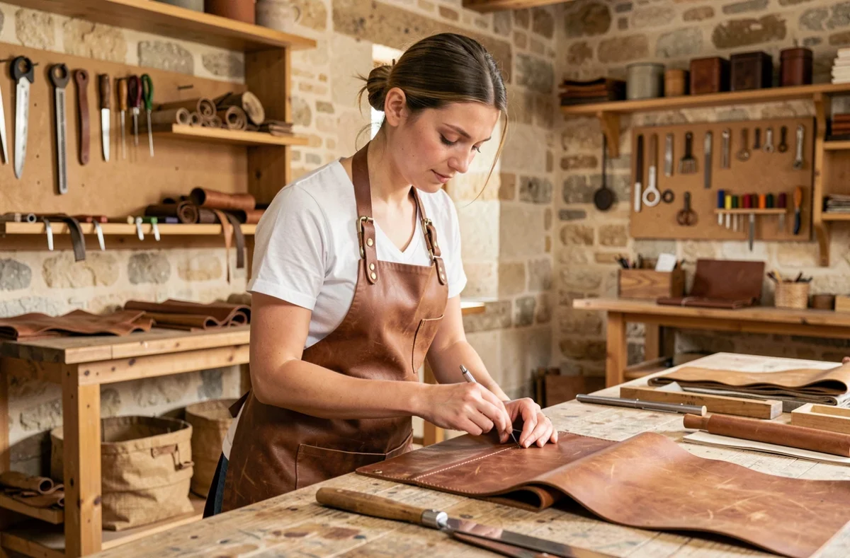 Jeune artisane en formation aux métiers de l'artisanat à la CMA Provence-Alpes-Côte d'Azur, travaillant le cuir