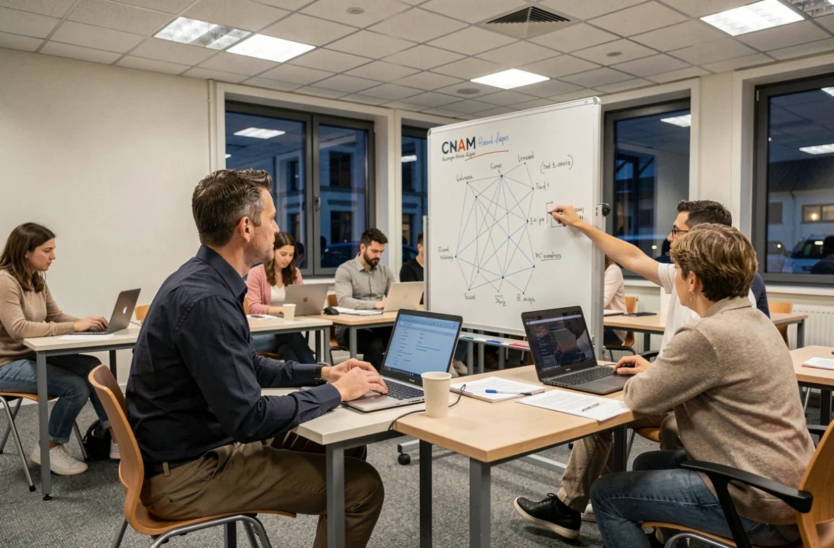 Un adulte en reconversion suit un cours du soir en informatique au CNAM Auvergne-Rhône-Alpes face à un tableau de réseaux
