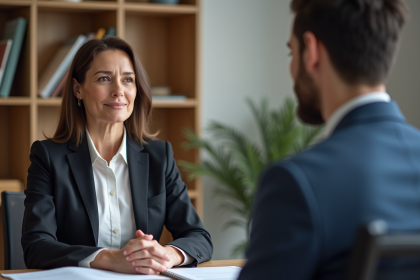 Coach femme en discussion attentive dans un bureau moderne
