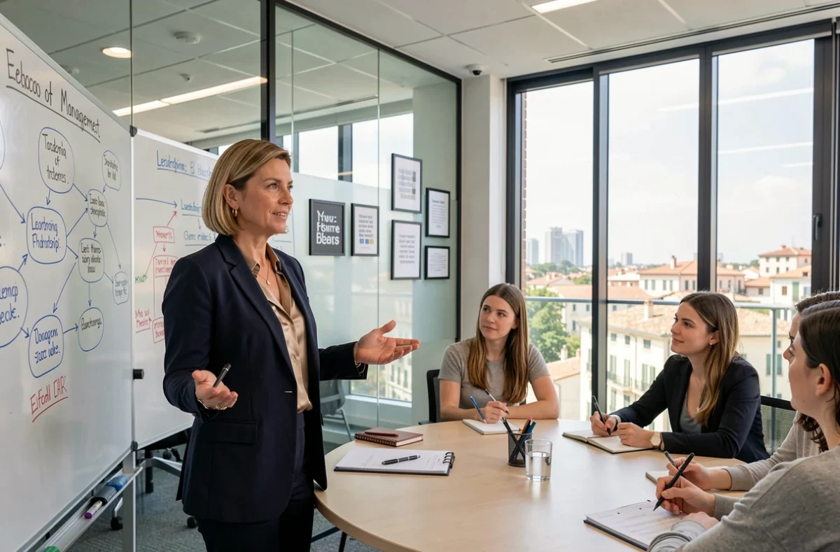Coach professionnelle animant une session de développement des compétences managériales à l'École de Commerce Coaching Paca