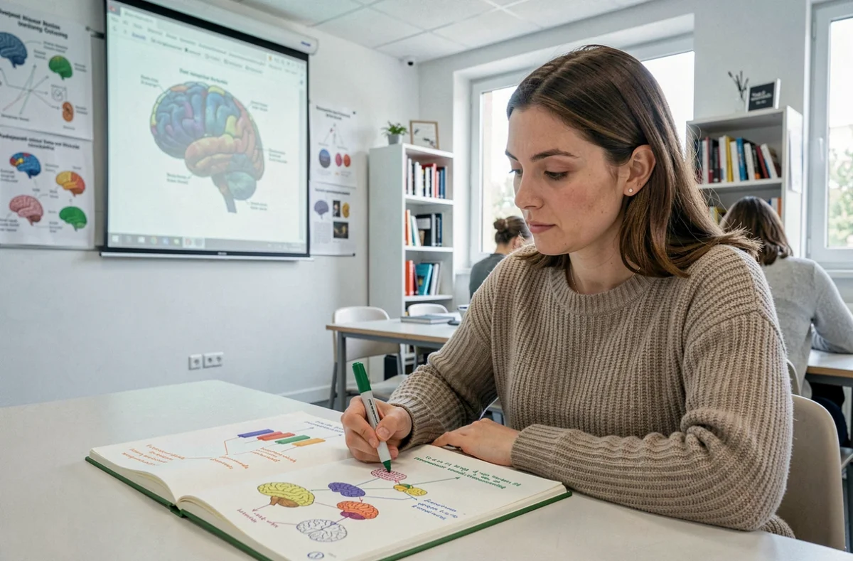 Apprenante annotant un diagramme de neurosciences lors d'une formation spécialisée en sciences cognitives chez Cogito'Z Marseille