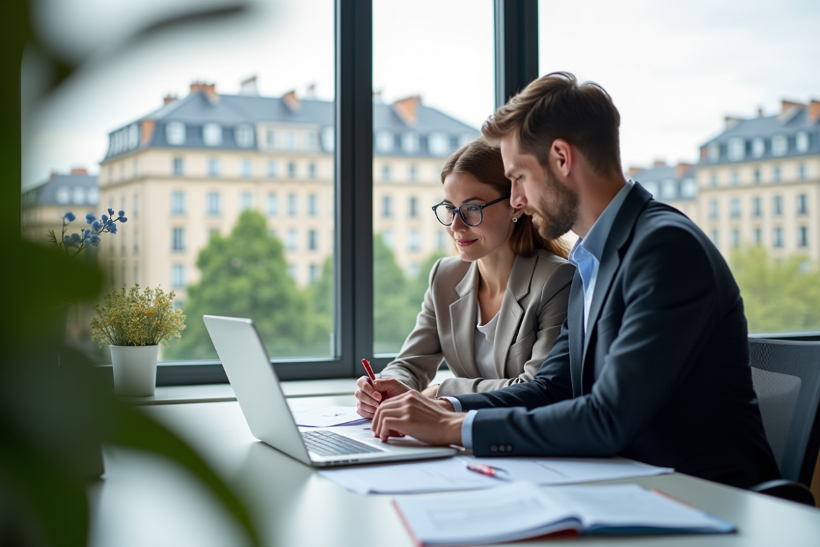 Jeune professionnel collaborant sur documents marketing à Bordeaux