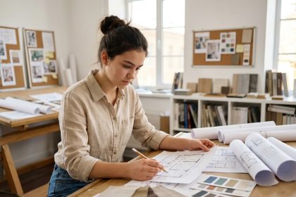 Jeune collégienne en classe d'arts appliqués étudiant des plans et des échantillons de décoration intérieure après la 3e
