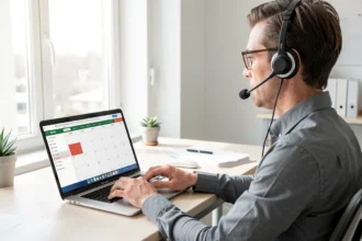Commercial au casque devant un agenda ouvert sur son ordinateur