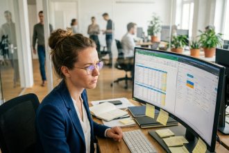Femme professionnelle utilisant un logiciel bureautique sur un grand écran dans un open space moderne