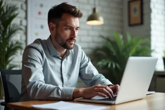 Homme configurant un client de messagerie Outlook sur un ordinateur portable dans un bureau à domicile