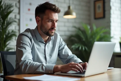 Homme configurant un client de messagerie Outlook sur un ordinateur portable dans un bureau à domicile