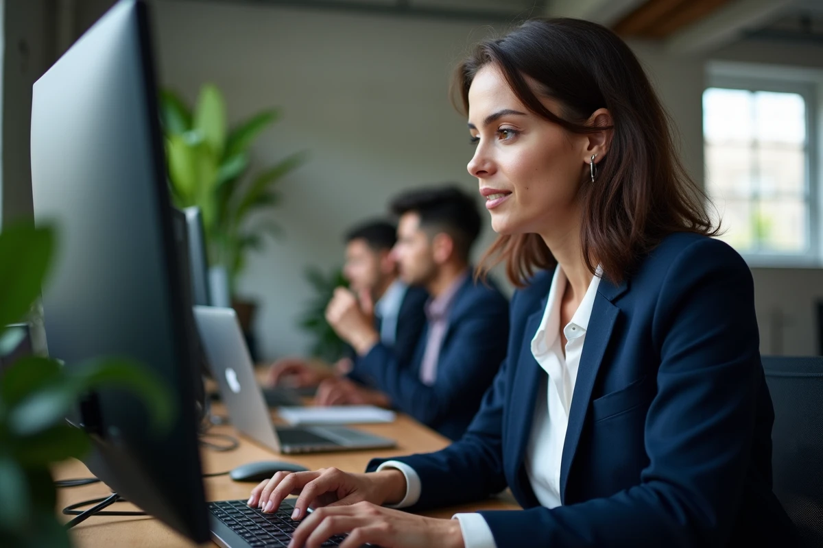 Femme configurant Thunderbird avec les paramètres IMAP et SMTP dans un espace de coworking