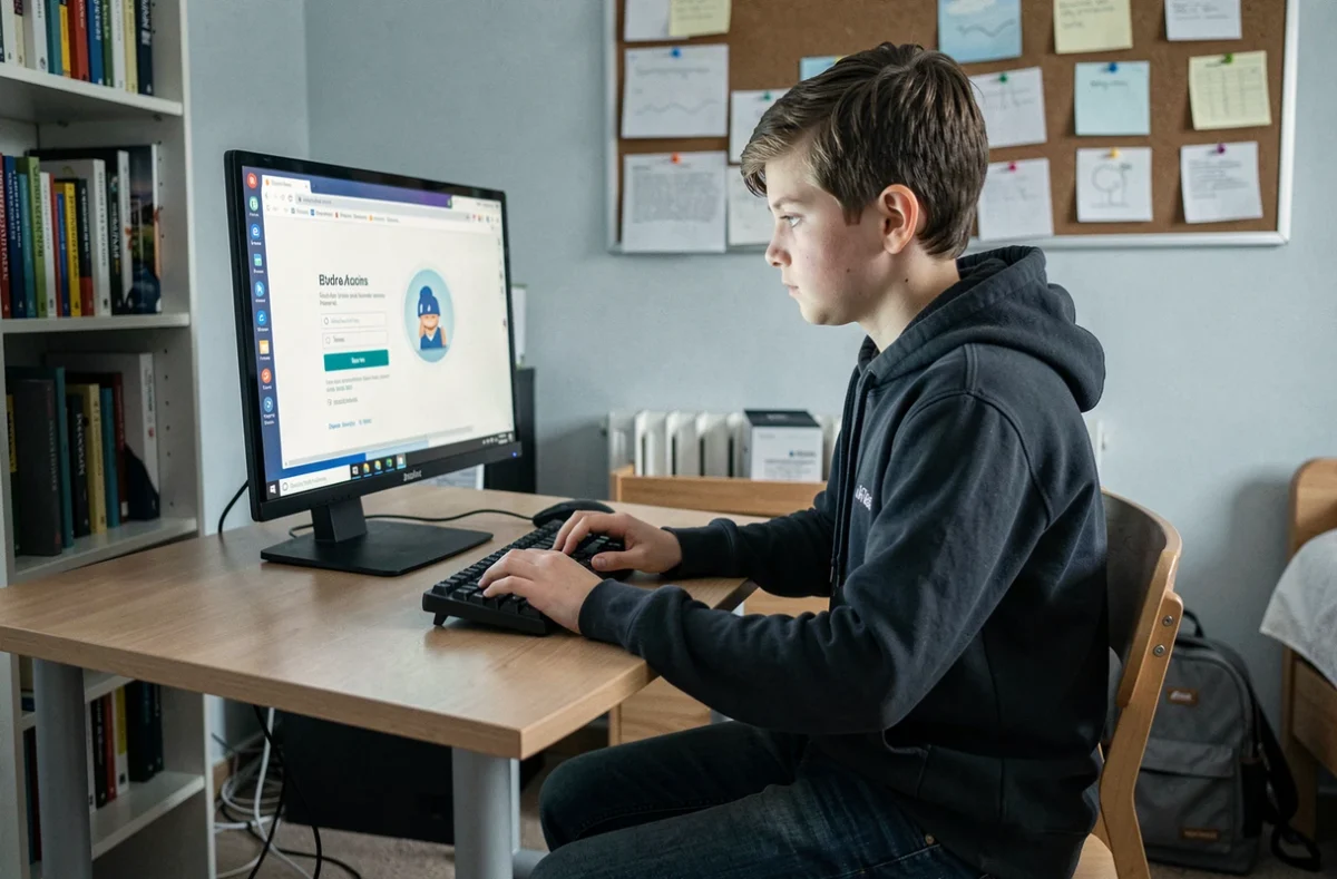 Adolescent se connectant à une plateforme éducative depuis sa chambre sur ordinateur de bureau