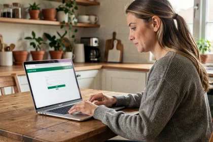 Femme connectée à un portail scolaire depuis son domicile sur un ordinateur portable