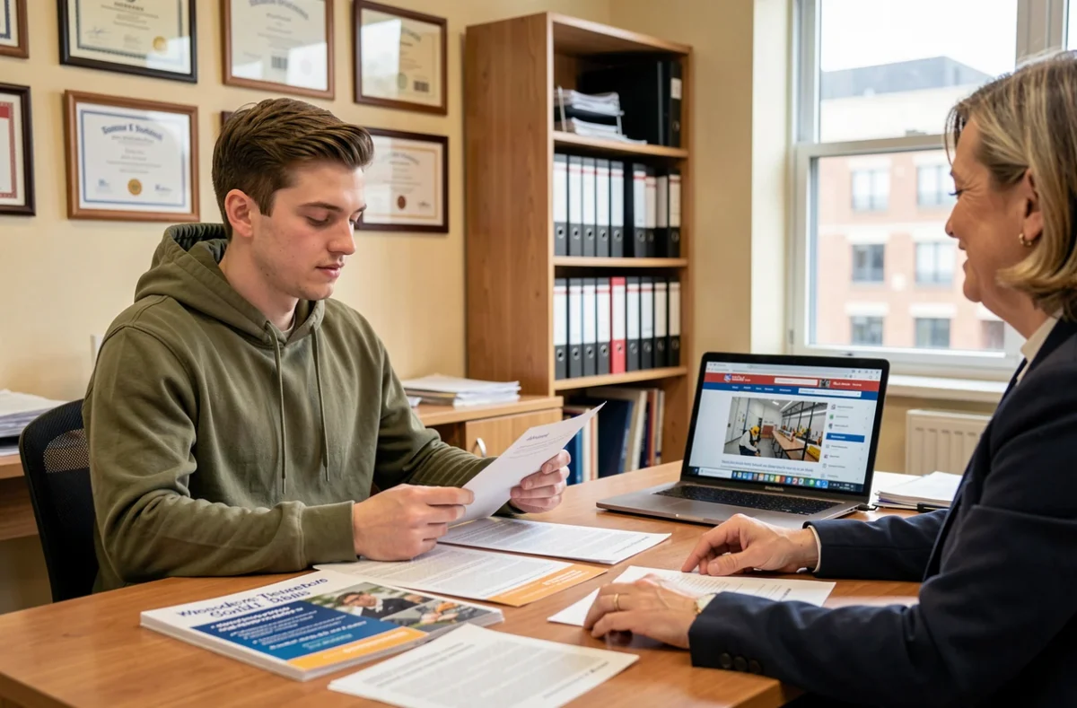 Futur stagiaire consultant les tarifs et programmes d'une formation menuiserie dans un bureau d'école de travaux