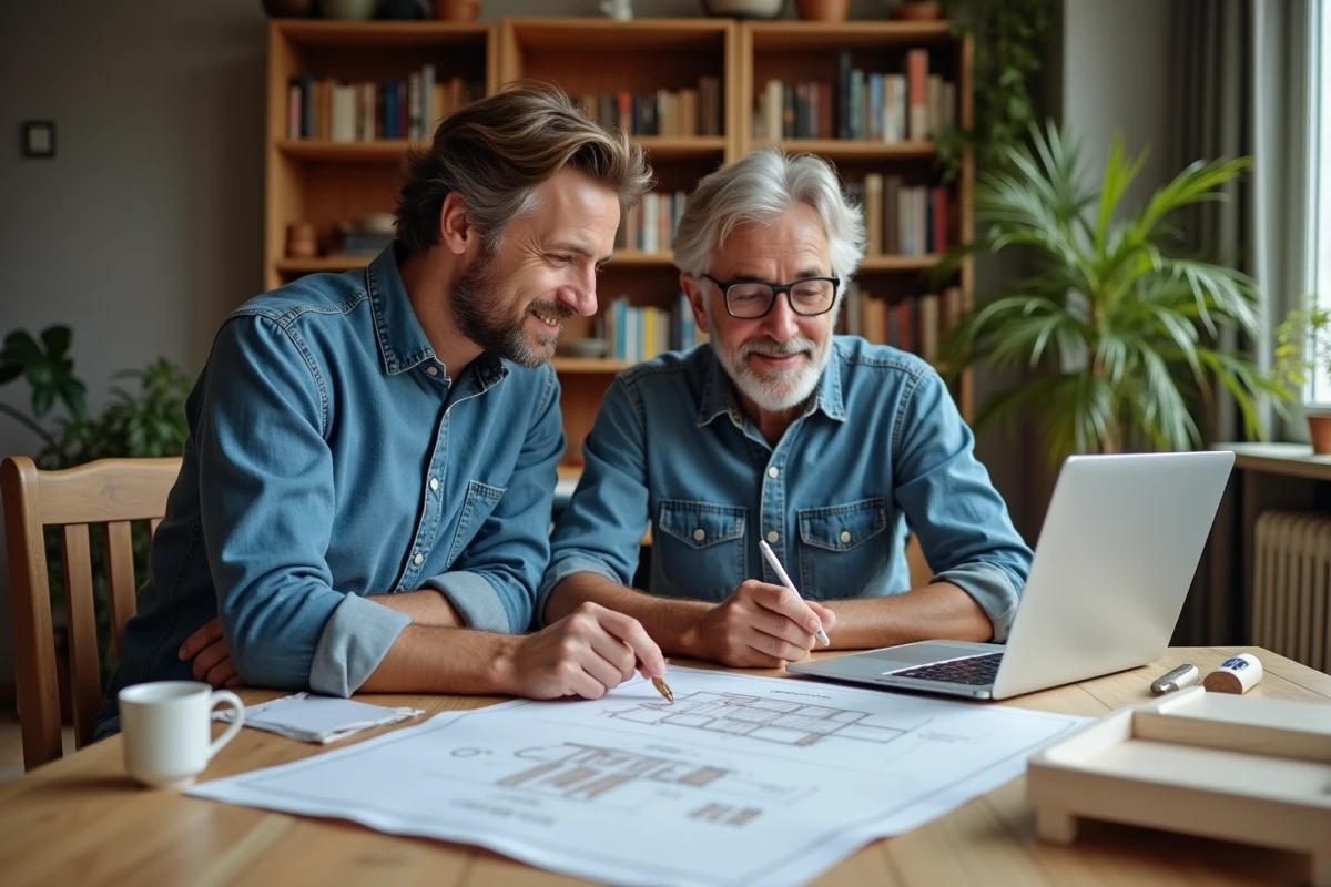 Couple d'adultes étudiant ensemble des plans de menuiserie à domicile dans le cadre d'une formation à distance, alliant projet professionnel et vie commune